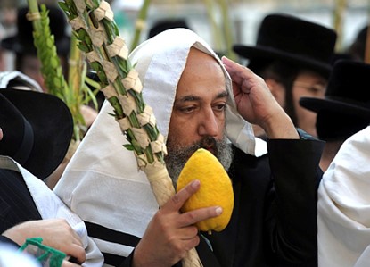 בתמונה: חג הסוכות בירושלים. מתפללים אוחזים בארבעת המינים בזמן תפילת חול המועד ברחבת הכותל המערבי בירושלים, 2012. הצילום: Amos Ben Gershom (לע"מ)